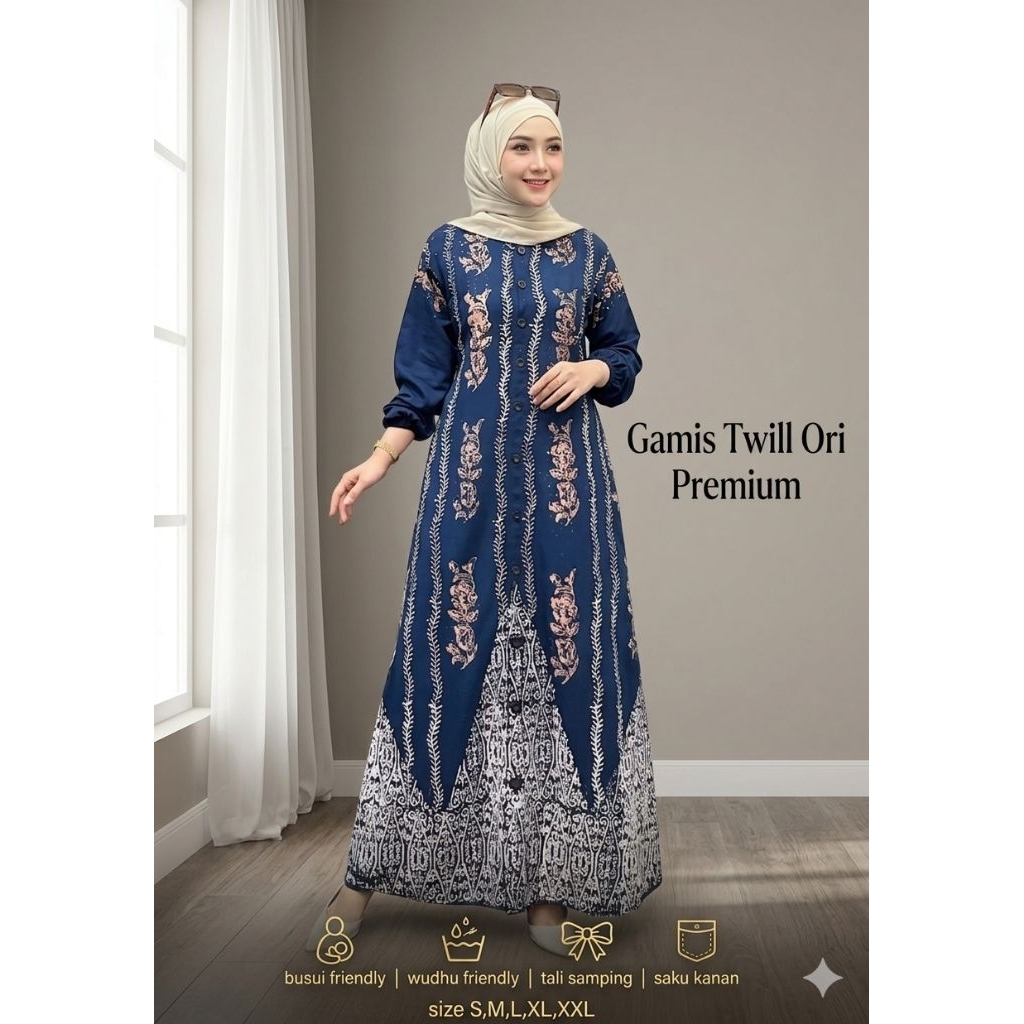 GAMIS TWILL PREMIUM NAVY 2025 TERBARU BUSUI MOTIF