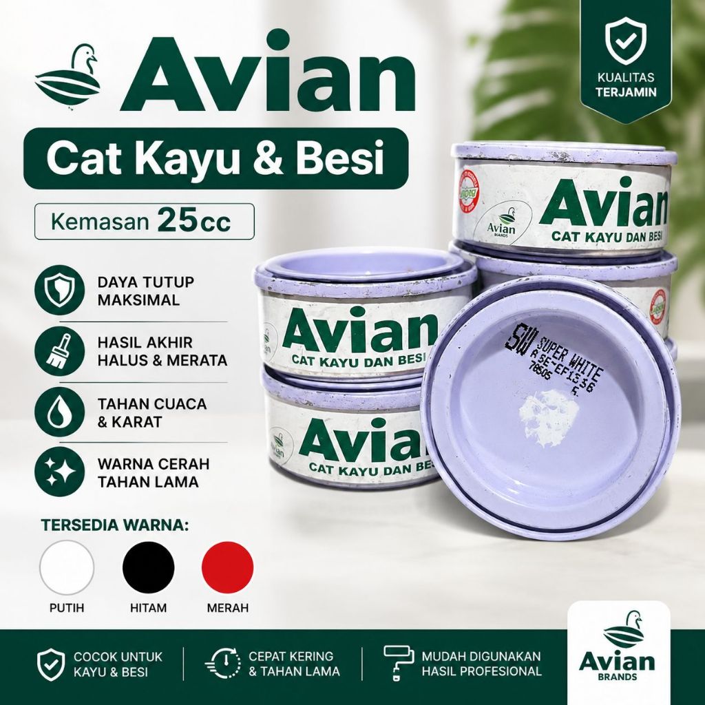 Avian Cat Kayu & Besi 25cc Original Warna Putih Hitam Merah, Avian Cat Kayu dan Besi Kemasan Kecil