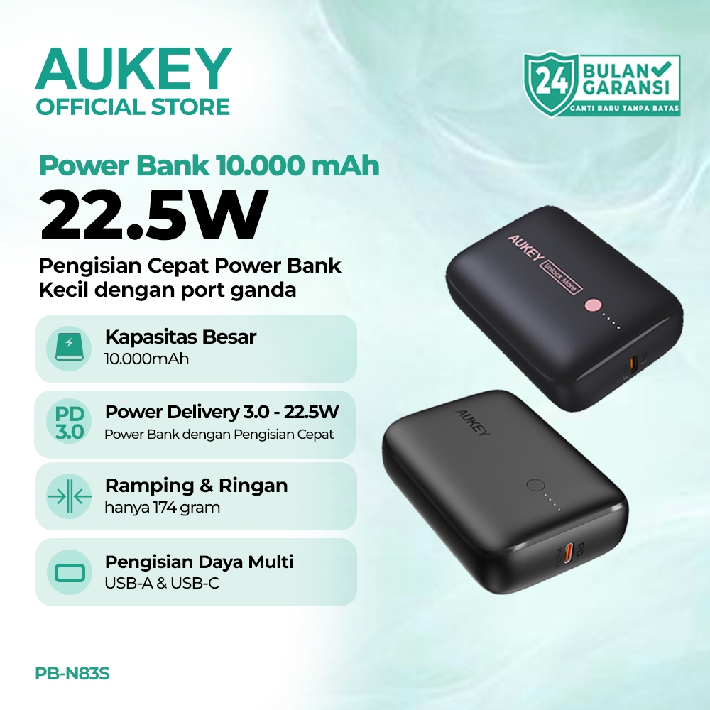 AUKEY Powerbank 10000mAh USB-C 22.5W PD Fast Charging iPhone Samsung Laptop Original Garansi PB-N83S