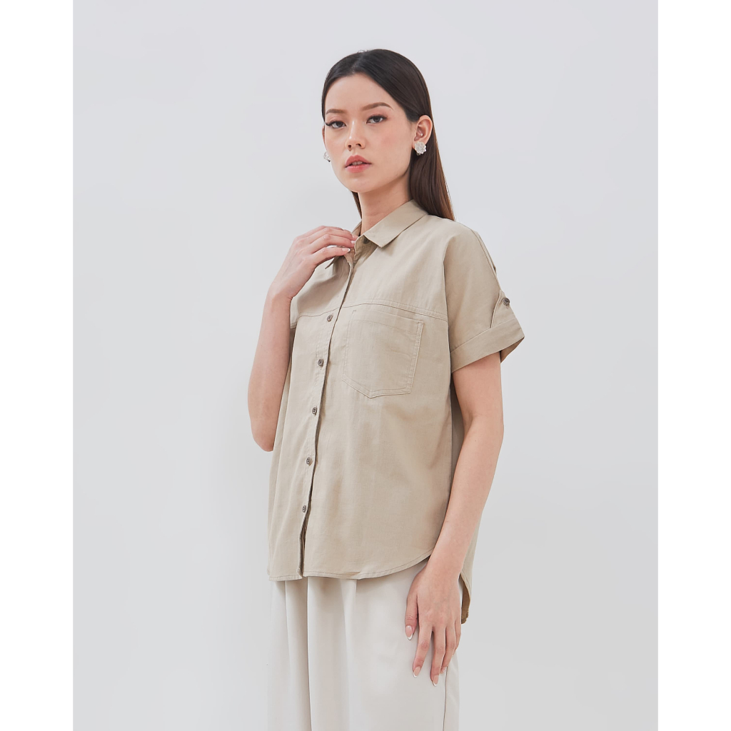 Urban Exchange Alisha Shirt Cream - Atasan Kemeja Wanita Lengan Pendek