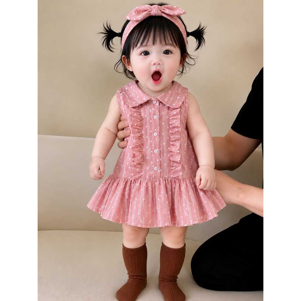 Dress Anak Perempuan Nephine Polkadot Pink | Dress Bayi Anak Bahan Katun Krinkel Premium | Dress Ana