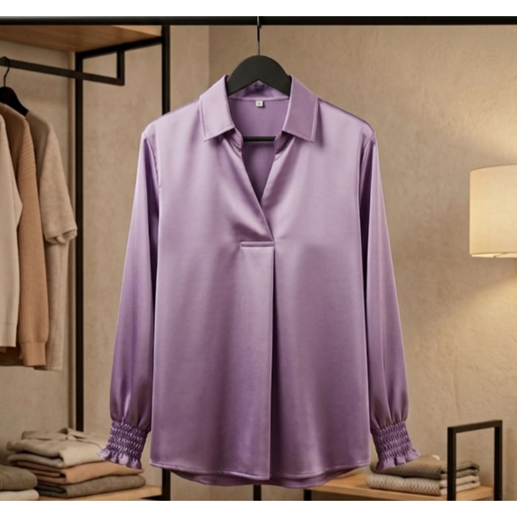 Blouse Keren/Kemeja wanita/Atasan Wanita/Kemeja Satin/Blouse Satin/Lengan Panjang Karet