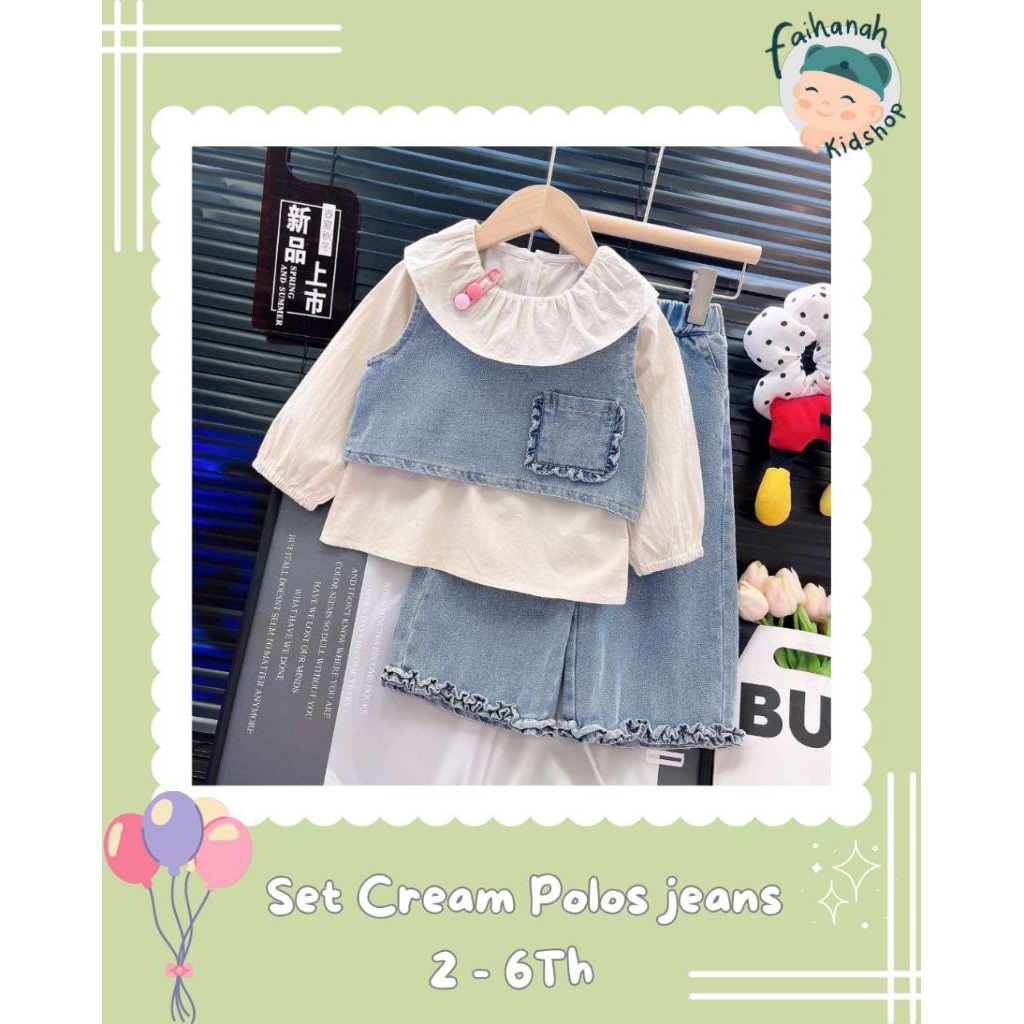 Setelan Baju Anak 3in1 Ancore Lala/ Setelan Kulot Jeans Anak Perempuan 2-6 Tahun/ Set Cream Polos An