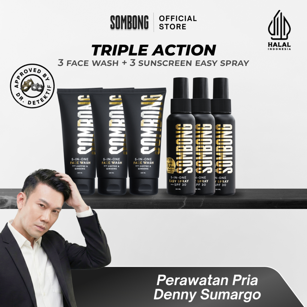 SOMBONG Triple Action 5-in-1 Face Wash Pria + Sunscreen Spray with SPF 30 Sunscreen Skincare - Sabun