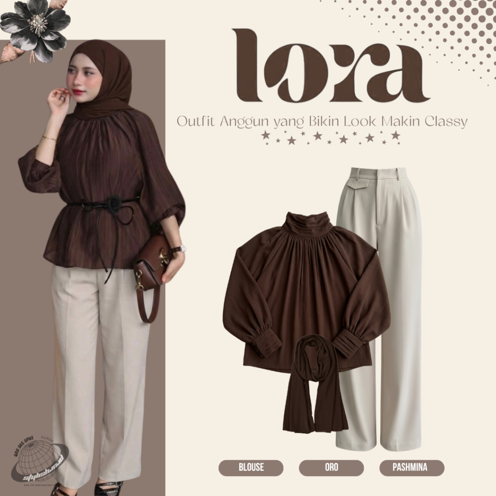 OOTD Hijab Earth Tone yang Manis dan Classy (Leya Blouse Coklat + Celana Oro + Pashmina)LI021