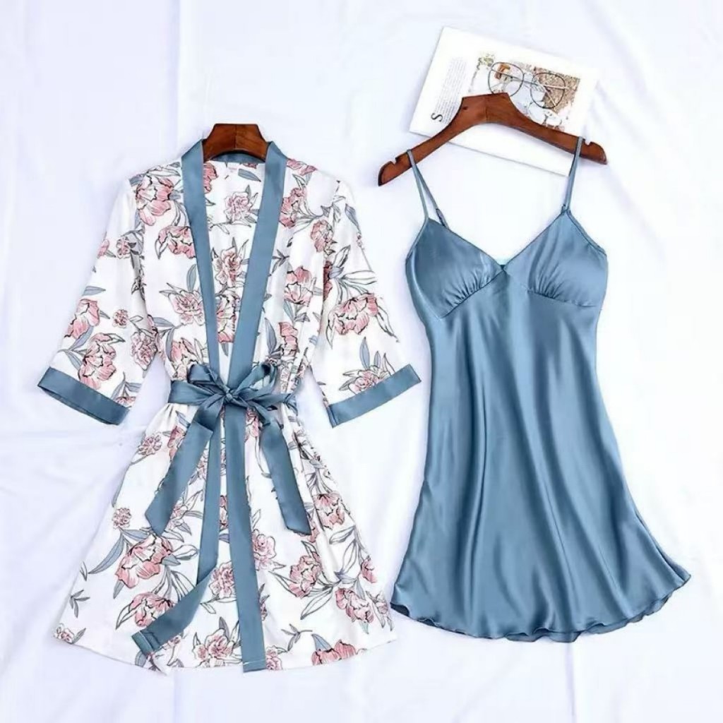 Kimono Dress Baju Tidur Wanita Piyama Satin Silk Premium Lengan Panjang Setelan Sutra One Set Daster