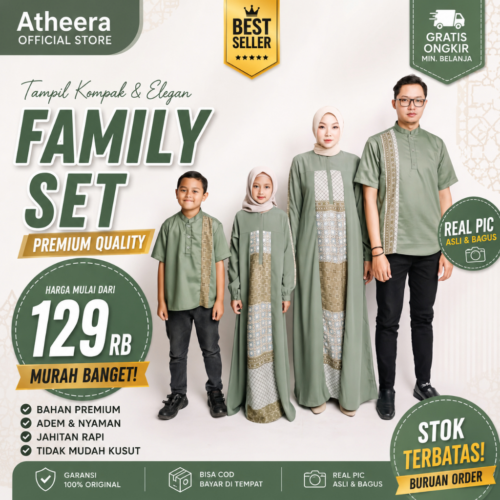 Family Set Muslim Premium Hijau Sage | Gamis Ibu Anak Koko Ayah Sarimbit Lebaran Atheera Hanifa Set