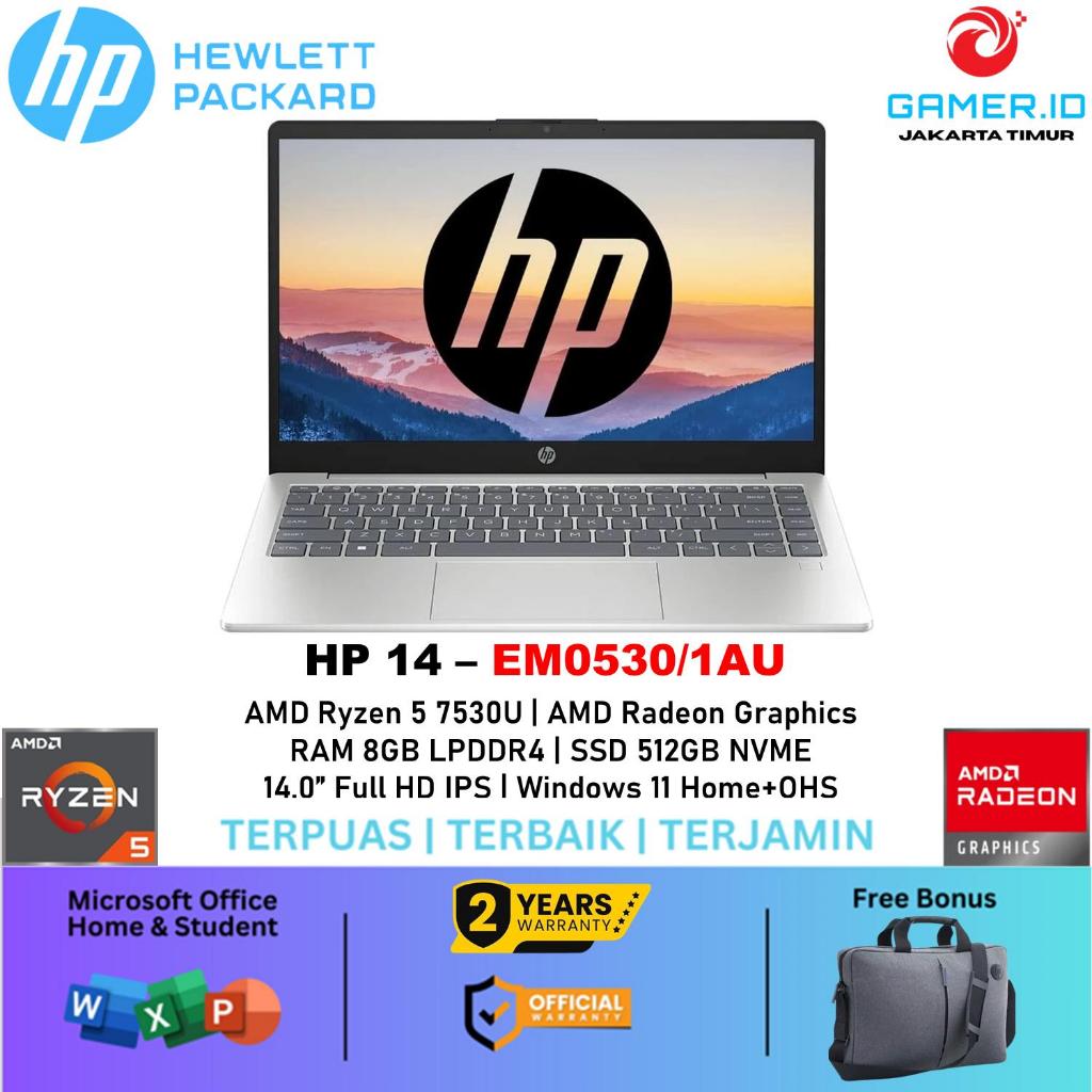 Hp 14 EM0531AU AMD Ryzen 5 7530U Ram 8GB Ssd 512GB Layar 14.0 Full HD IPS Windows 11 Home + OHS 2024