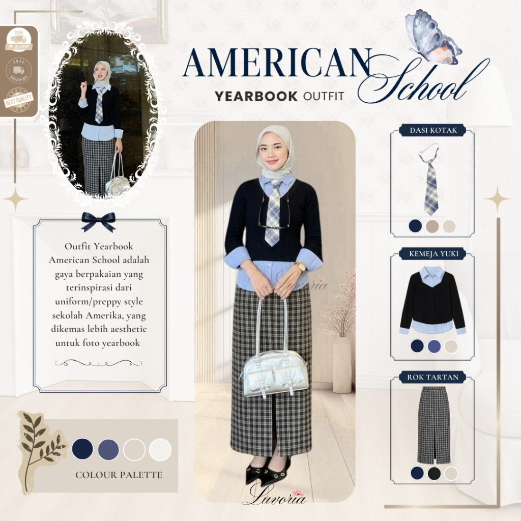 Outfit Yearbook American School Wanita ( Dasi Kotak + Kemeja Yuki + Rok Tartan ) Set American School