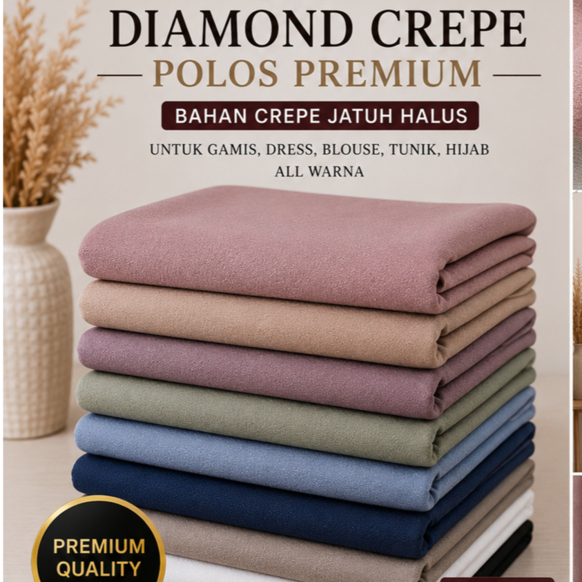 Kain Diamond Crepe Polos Premium | Bahan Crepe Jatuh Halus Untuk Gamis Dress Blouse Tunik Hijab All 