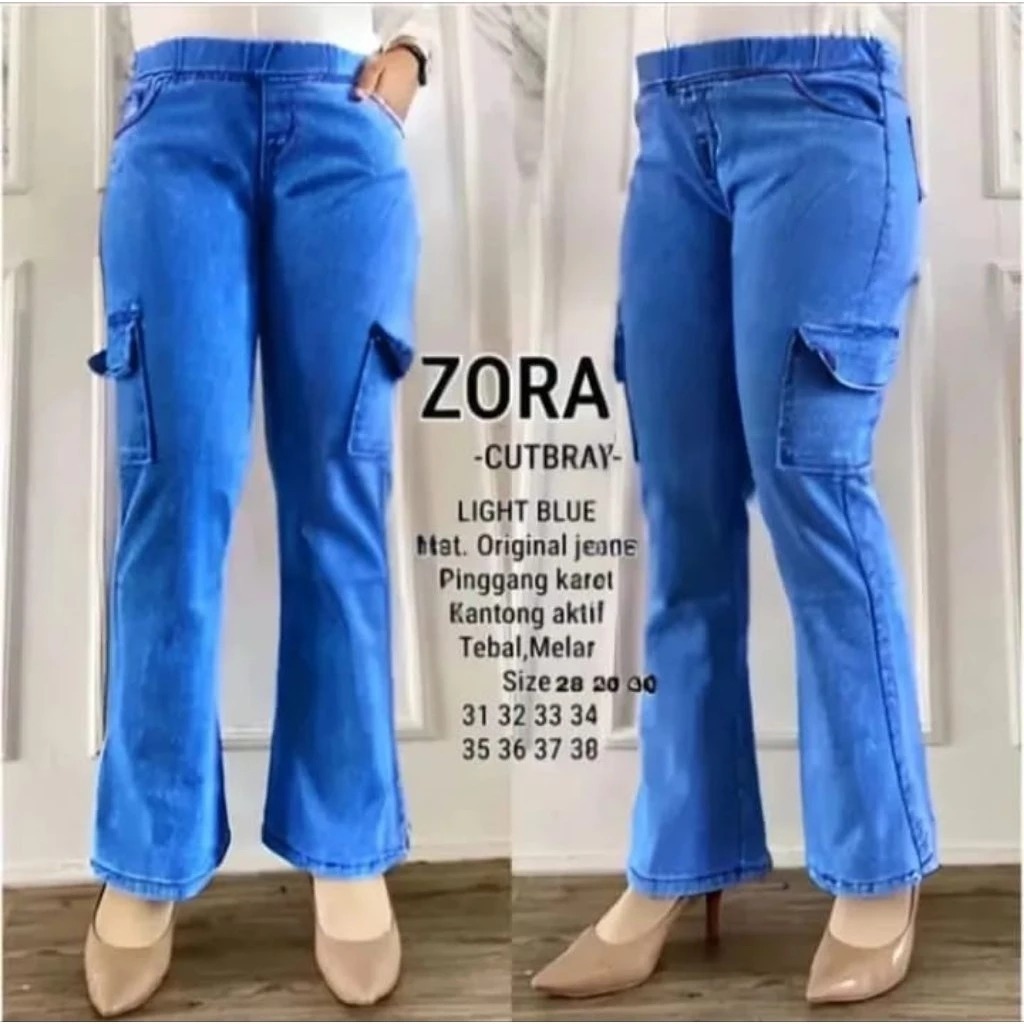 ZORA Celana Cutbray Cargo Wanita Highwaist, Celana Kulot Jeans Cutbray Cargo Wanita Jumbo
