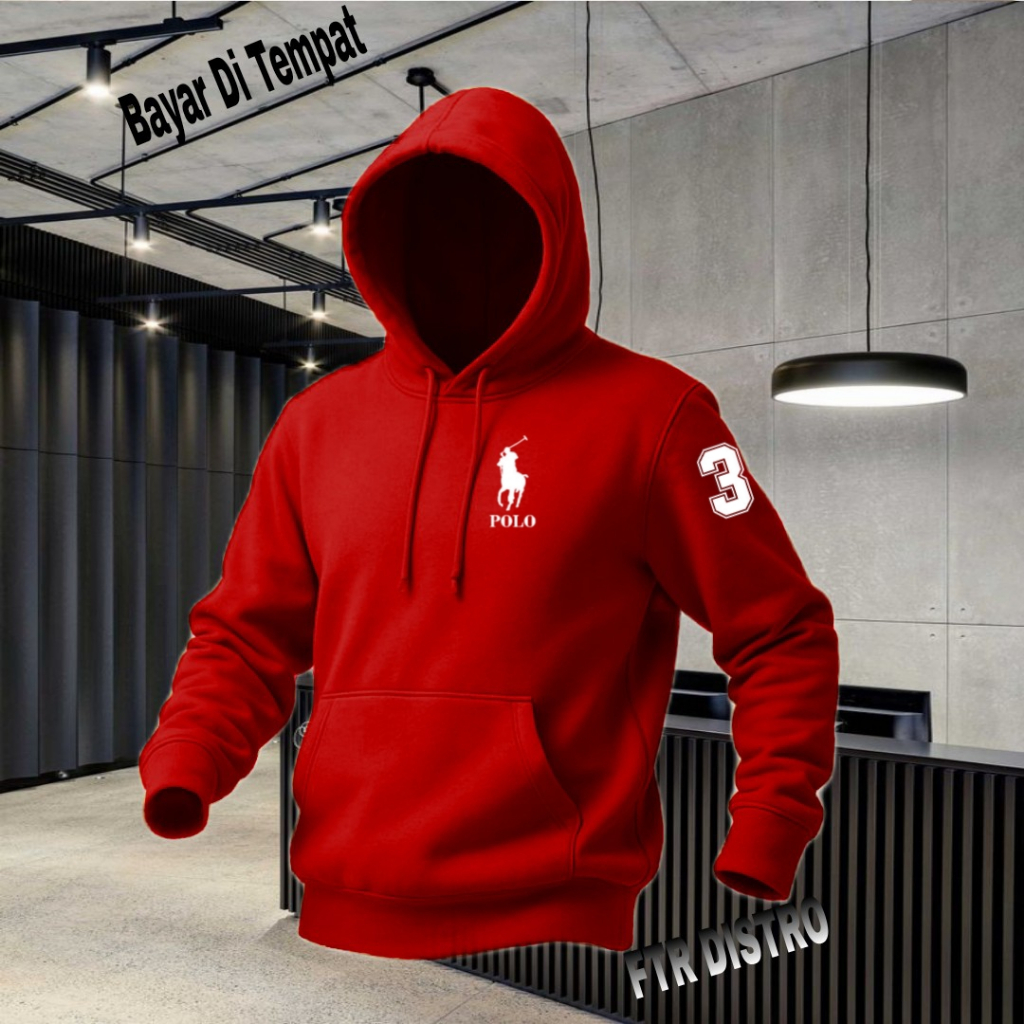 (COD) Sweater Hoodie Jumper Distro Logo Polo+Lengan 3 Text Putih Jaket Unisex Terkeren Sweater Cardi