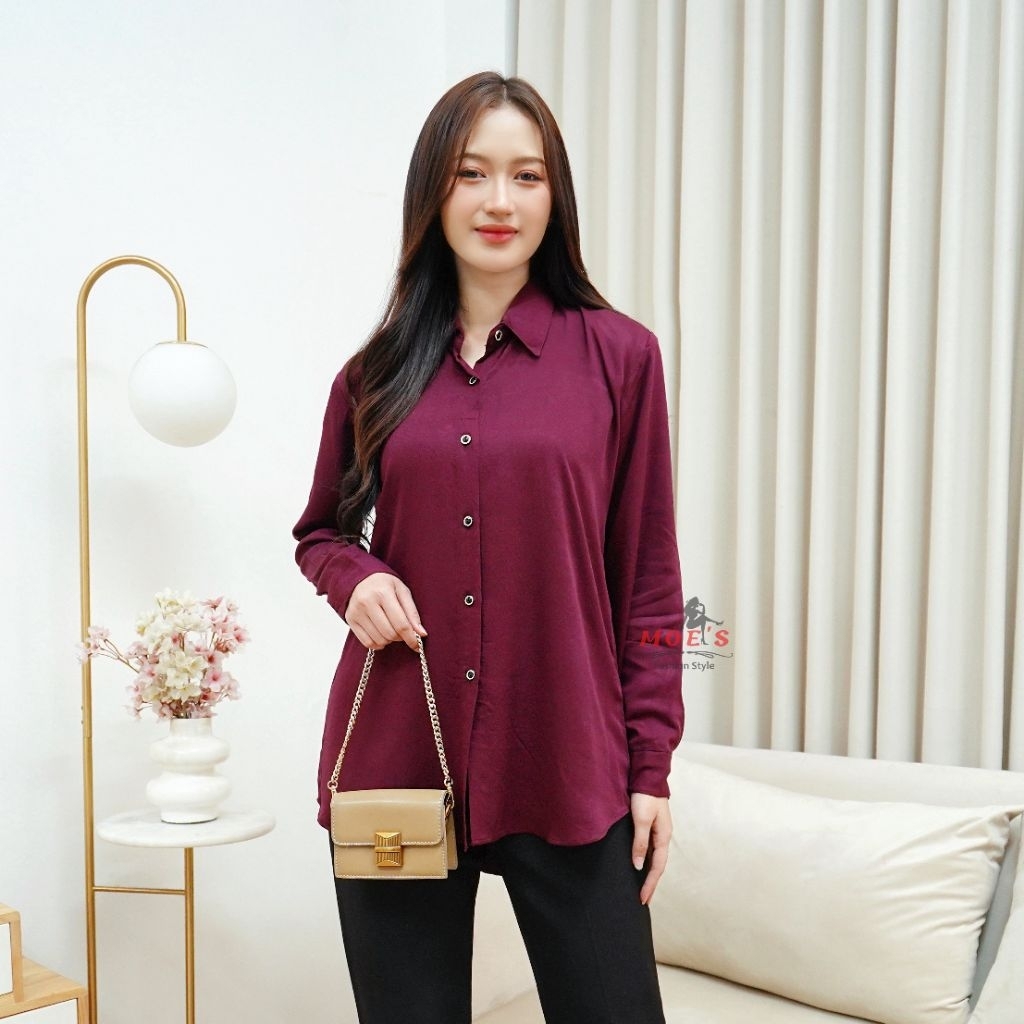 MF - Helfina Blus Kemeja Wanita Bahan Rayon Twill Premium Lengan Panjang Kancing Emas Kekinian Putih