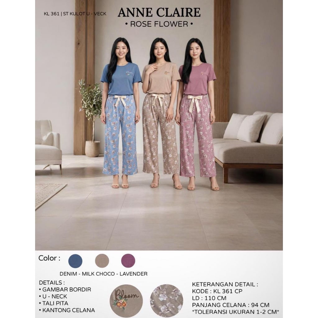 Anne Claire Setelan Kulot Rose Flower U - Neck - KL 361 CP - Setelan Kulot Lengan Pendek dan Celana 