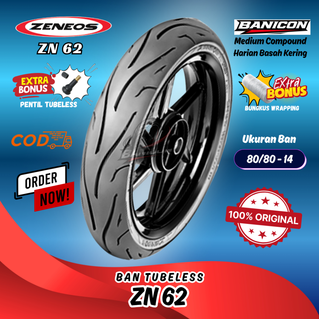[READY] ZN 62 80/80-14 Ban Motor Zeneos Untuk Motor Matic Medium Compound BEAT POP Ban Luar Tubeles 