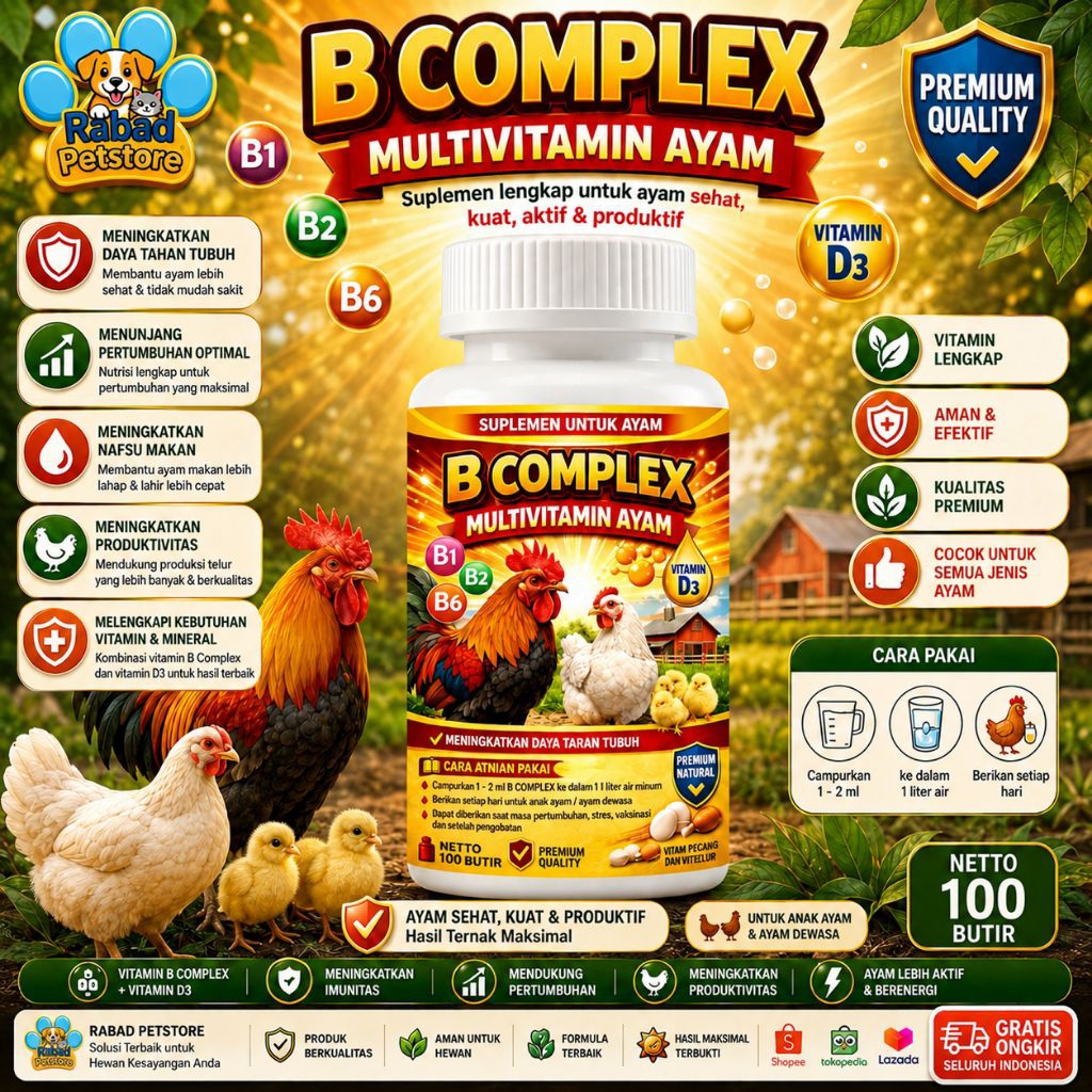 B-Complex Multivitamin Ayam Isi 100 Tablet - Vitamin B Kompleks untuk Kesehatan Ayam