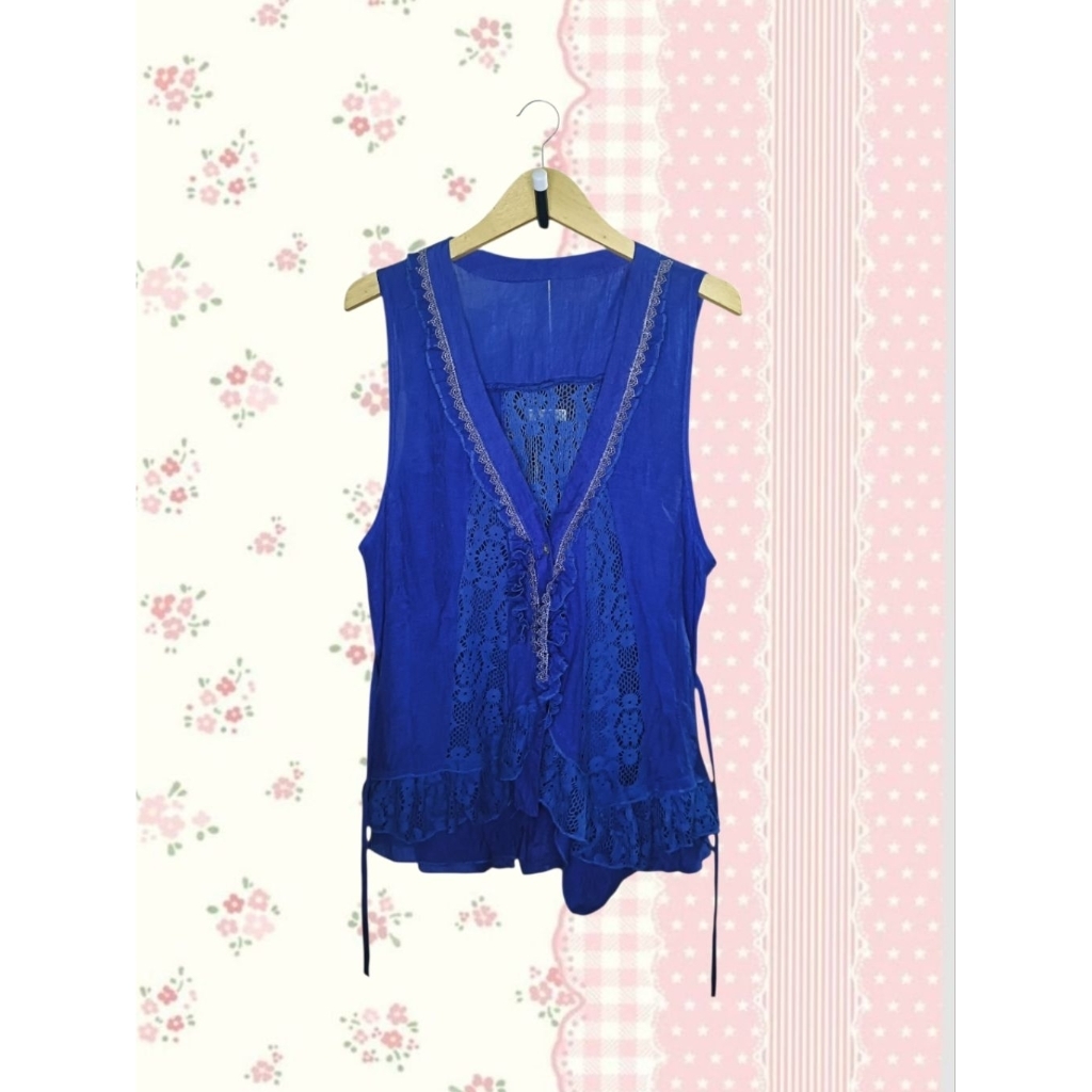 Vintage Ruffle Blue Outer Top Mix Lace Harajuku Kawai Victoria Style