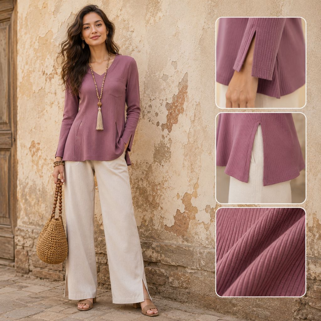 Blouse Wanita Rib-knit V-Neck Elegan – Atasan Fit & Flare dengan Belahan Samping dan Detail Kantong