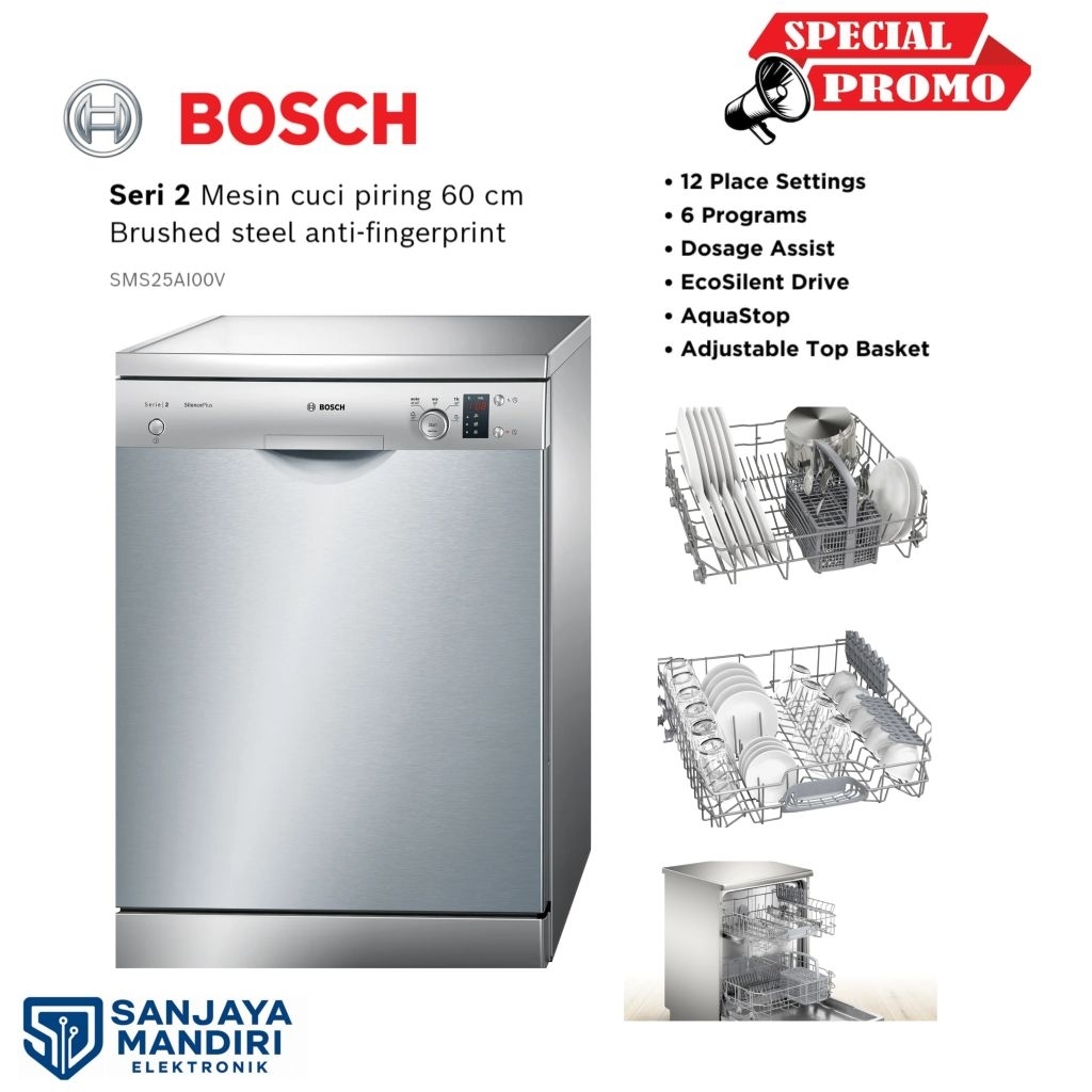BOSCH DISWASHER Seri 2 Mesin Cuci piring 60 cm Brushed steel anti-fingerprint SMS25AI00V GARANSI RES