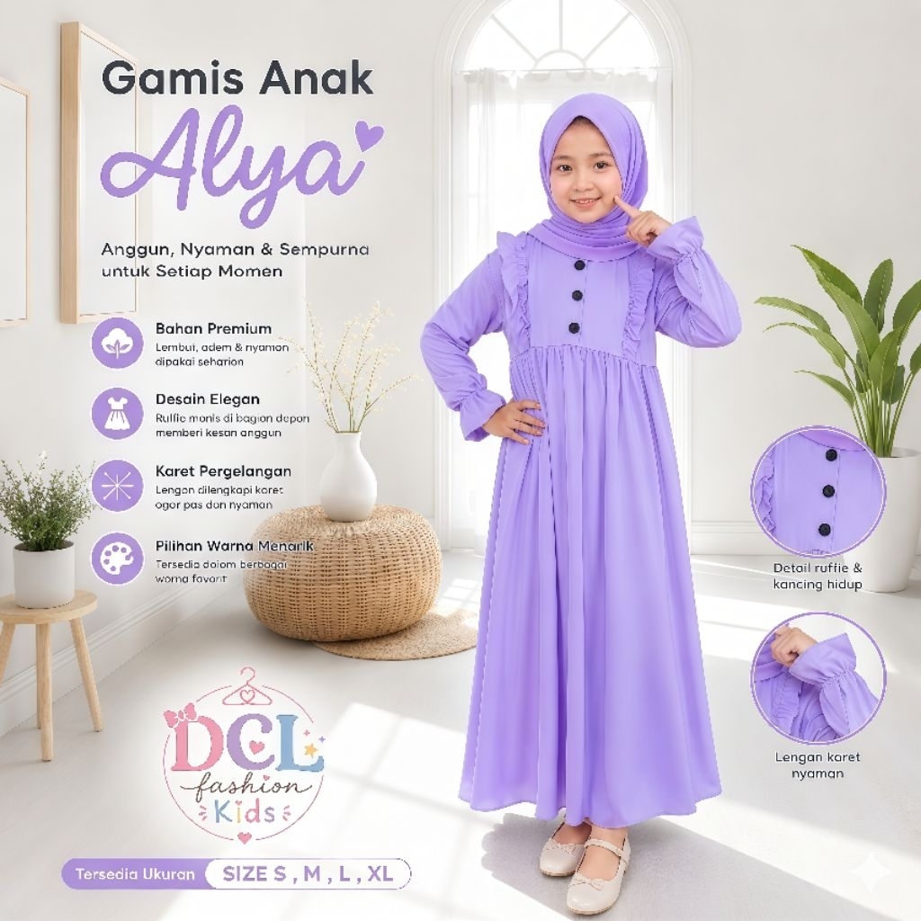 Gamis Anak Alya - Gamis Model Alya Gamis Premium Anak Perempuan Warna Lilac usia 1-12 Tahun DCL Fash