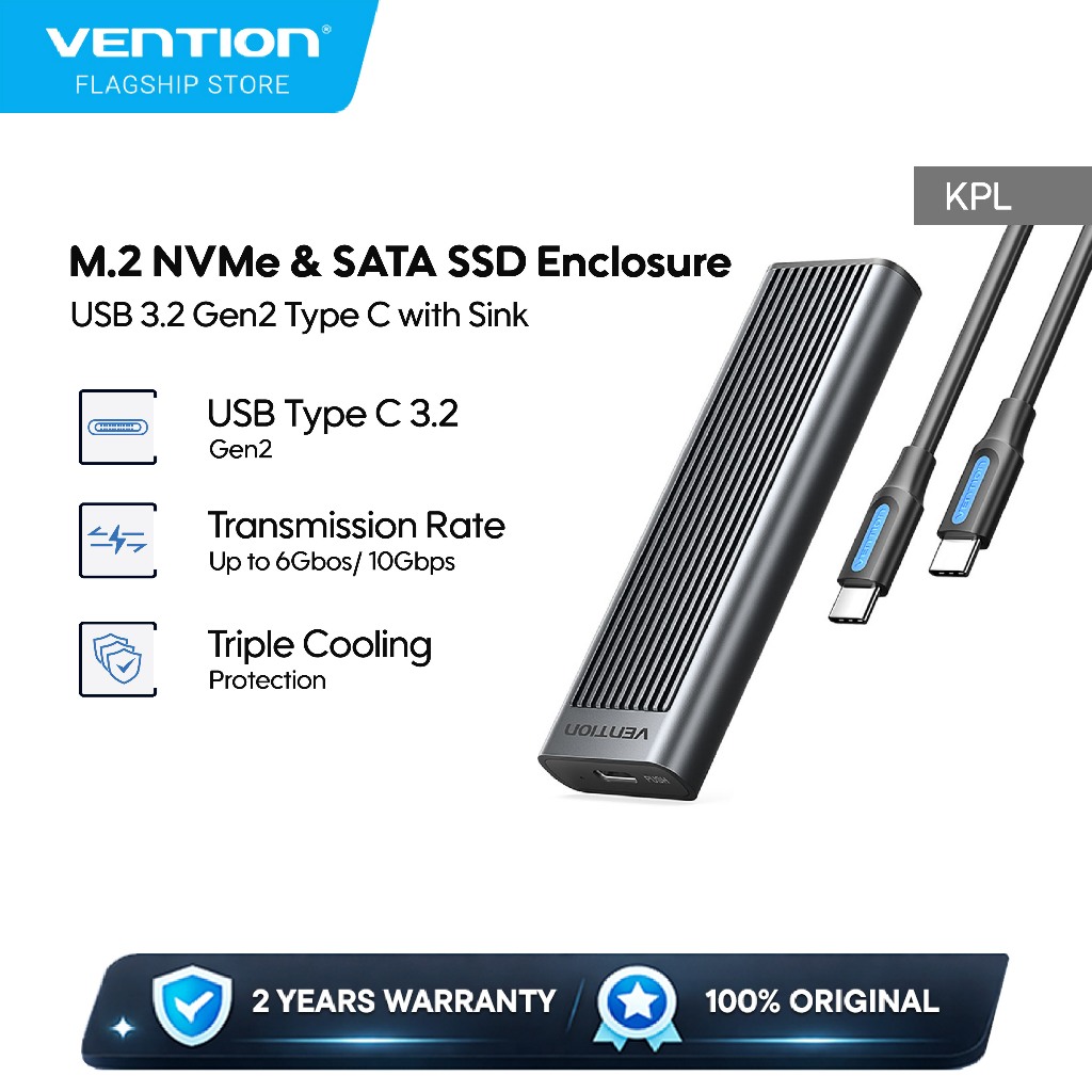 Vention Cassing M.2 NVMe SSD/SATA Enclosure Bundling Kabel USB 3.2 Type C Gen 2 Heat Sink ABS Alumin