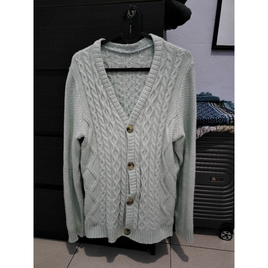 Cardigan Rajut Cable Knit Mint Green - Outer Tebal Preloved Like New