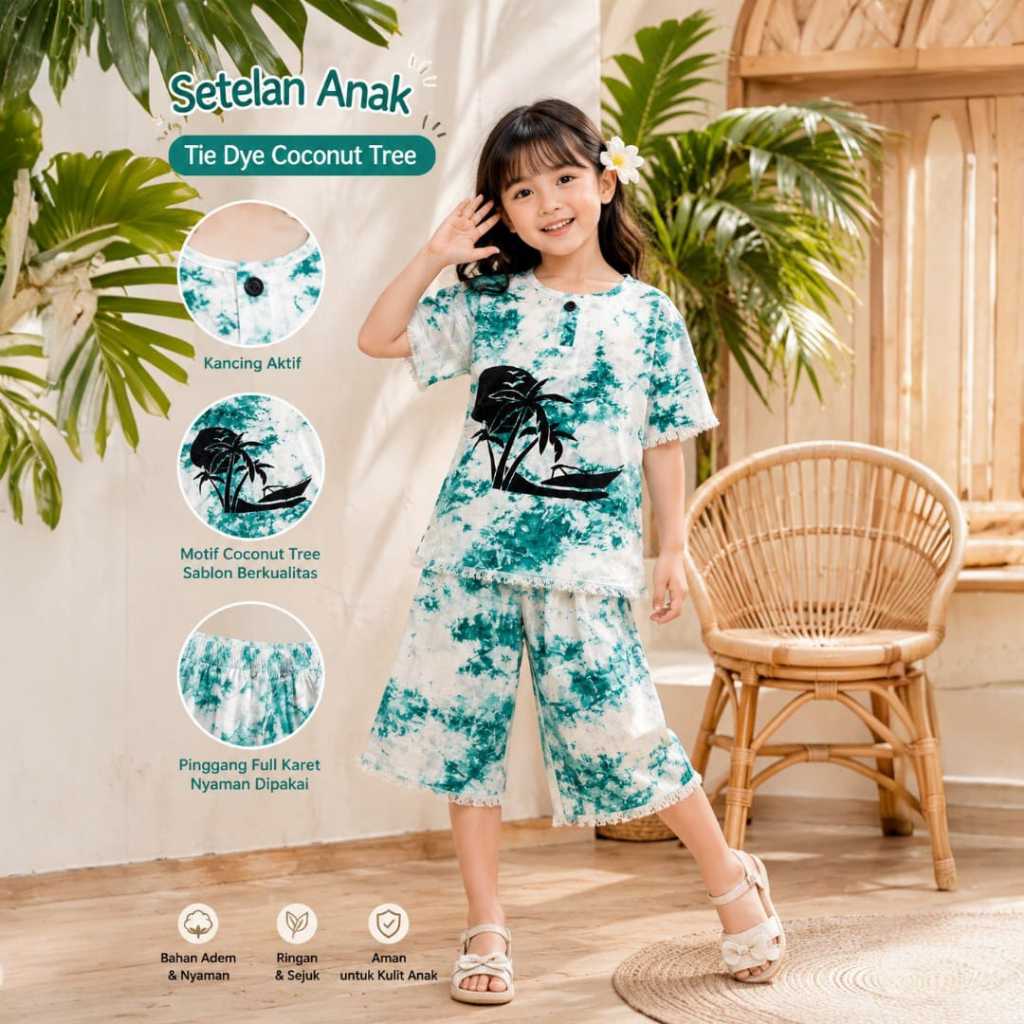 Setelan Anak Tie Dye Coconut Tree Rayon Premium Baju Anak Unisex Motif Pantai Bali Adem Celana Karet