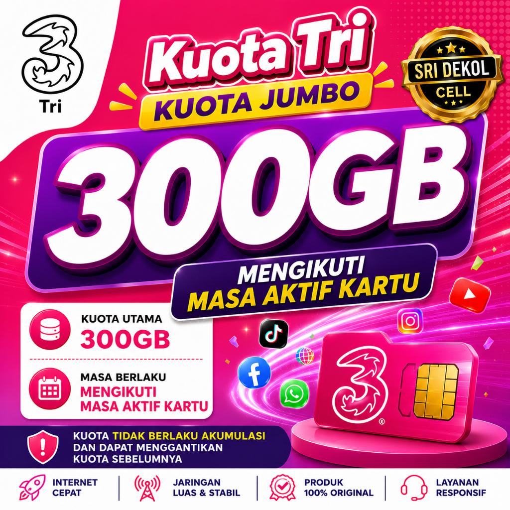 Kuota Tri 300GB Mengikuti Masa Aktif Kartu | Paket Data 3 Jumbo Murah Full Kuota