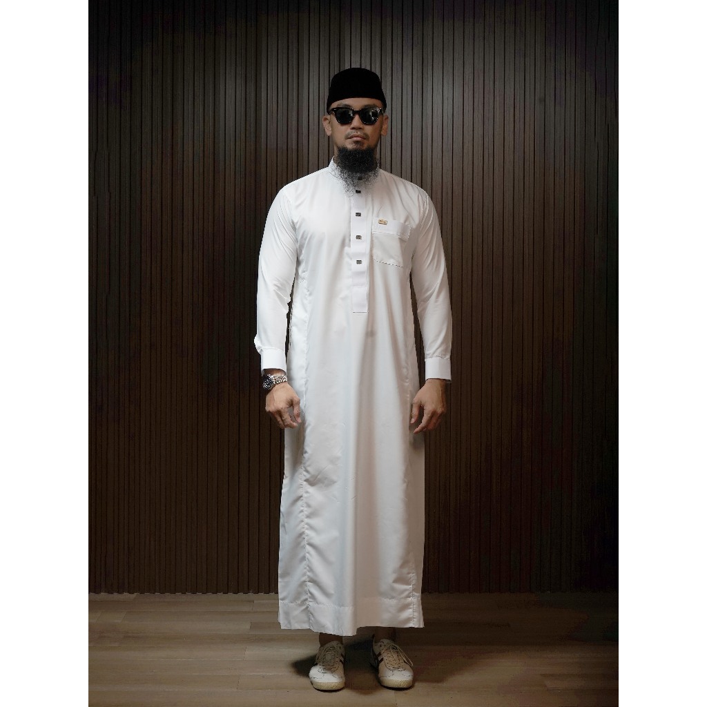 Jubah Akhtar by Al Amwa Premium | Jubah Dewasa Lengan Panjang Putih Manset | Gamis Pria Slim Fit