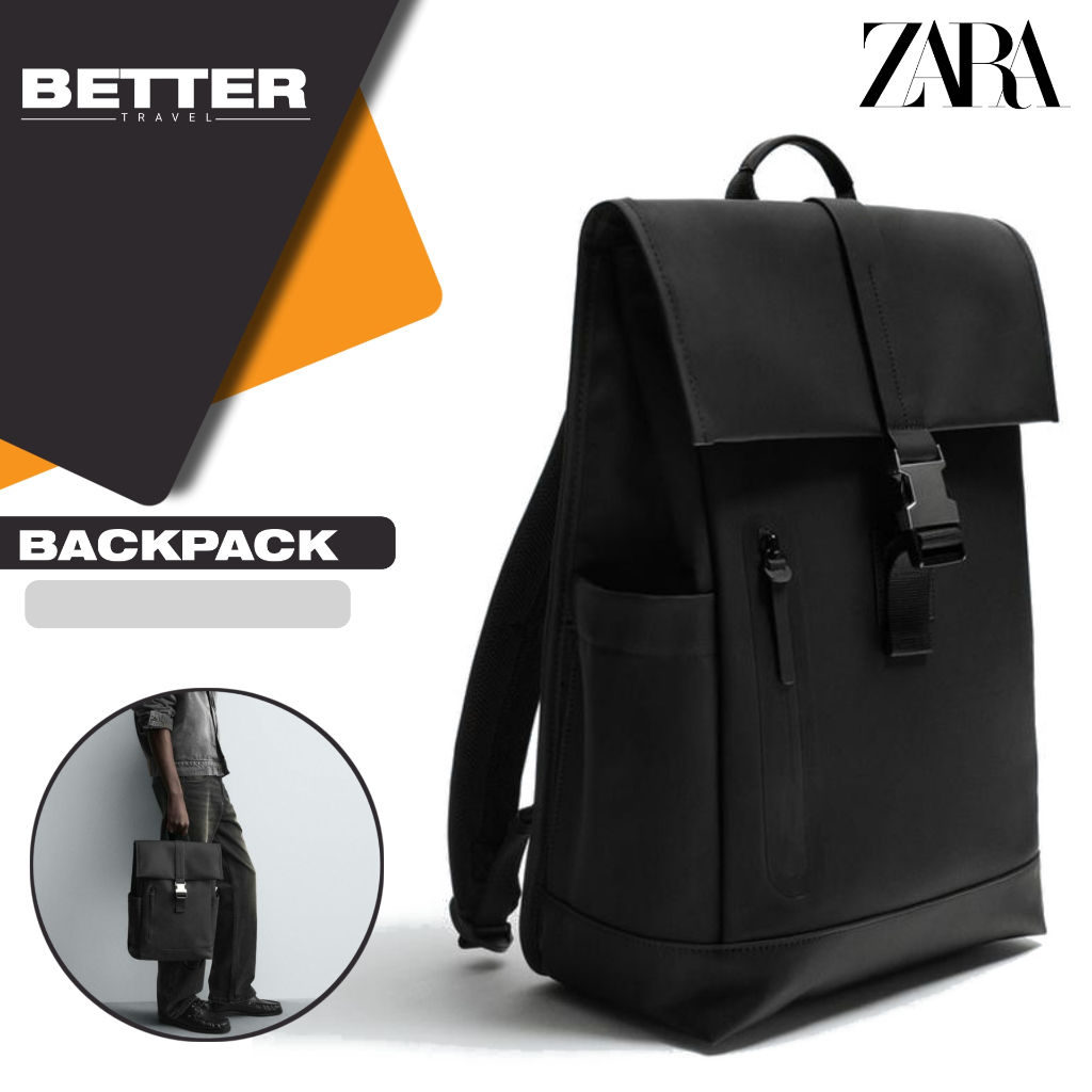 ZARA backpack tas ransel pria flap kasual daily full black