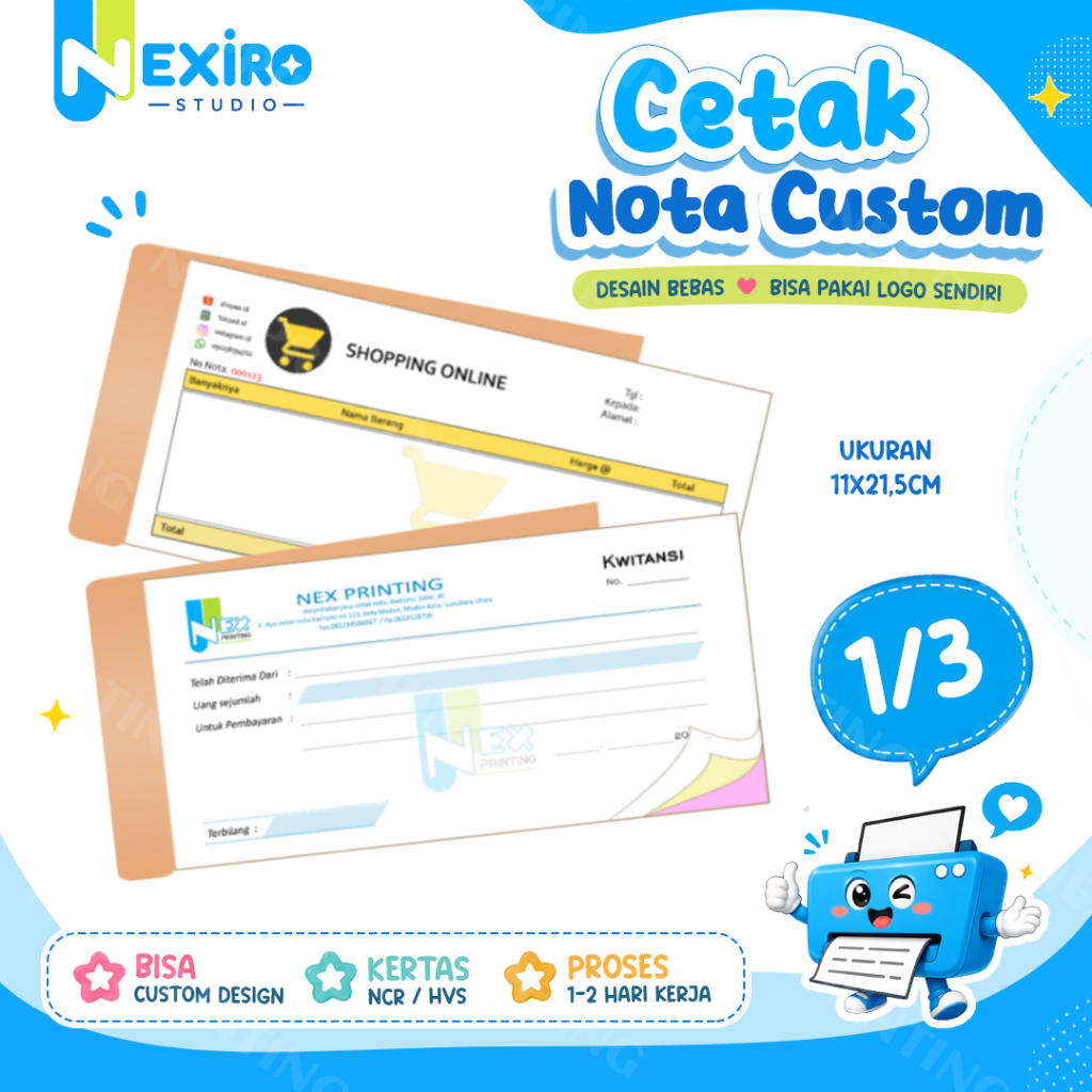 1/3 Cetak Nota Custom Ukuran 1/3 Folio Bon Faktur Online Ofline Emas Restora Laundry rangkap 1 2 3 4