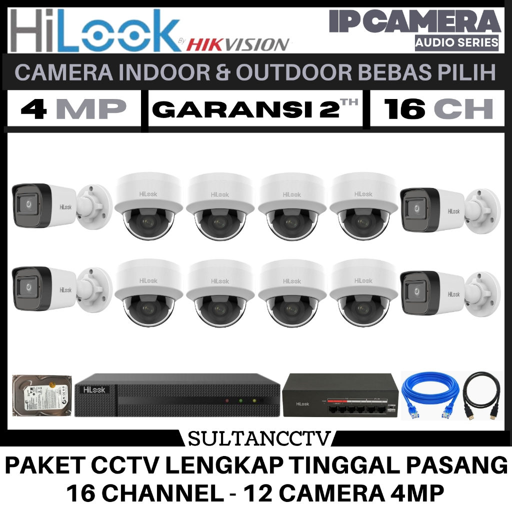 Paket Cctv Hilook 16 Channel 12 Kamera 4mp Ip Camera Audio Series Komplit Pantau HP