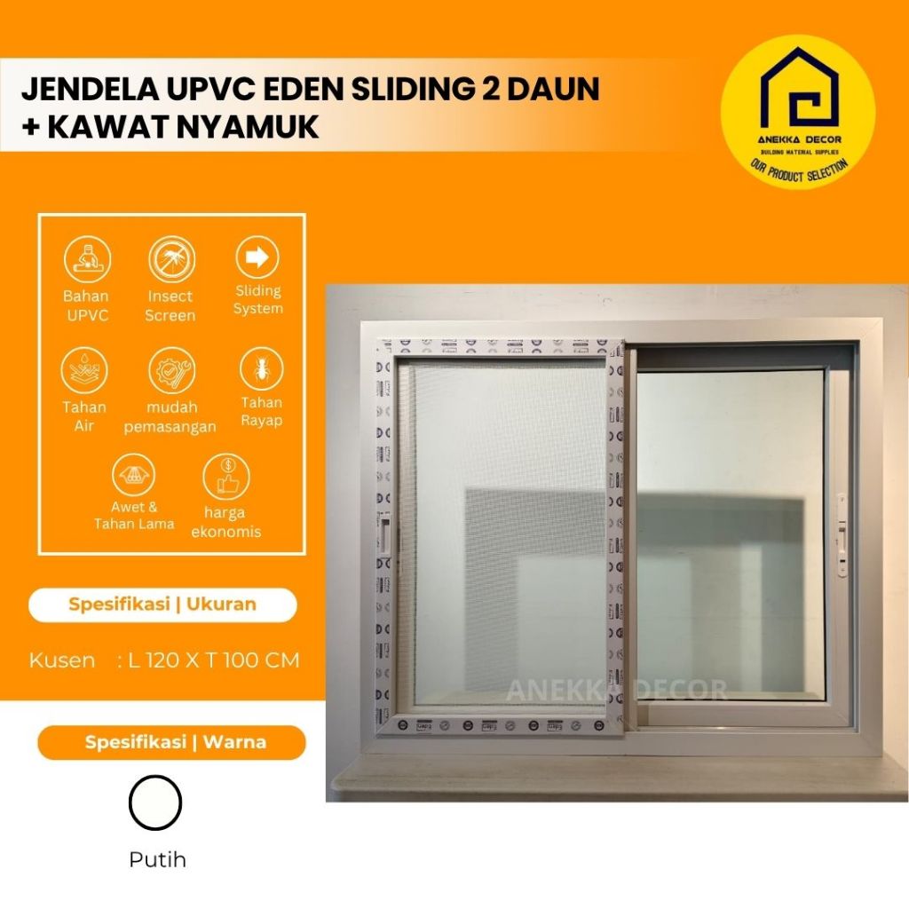EDEN Jendela UPVC sliding 2 daun Ukuran L 120 x T 100 cm set Kawat nyamuk , modern