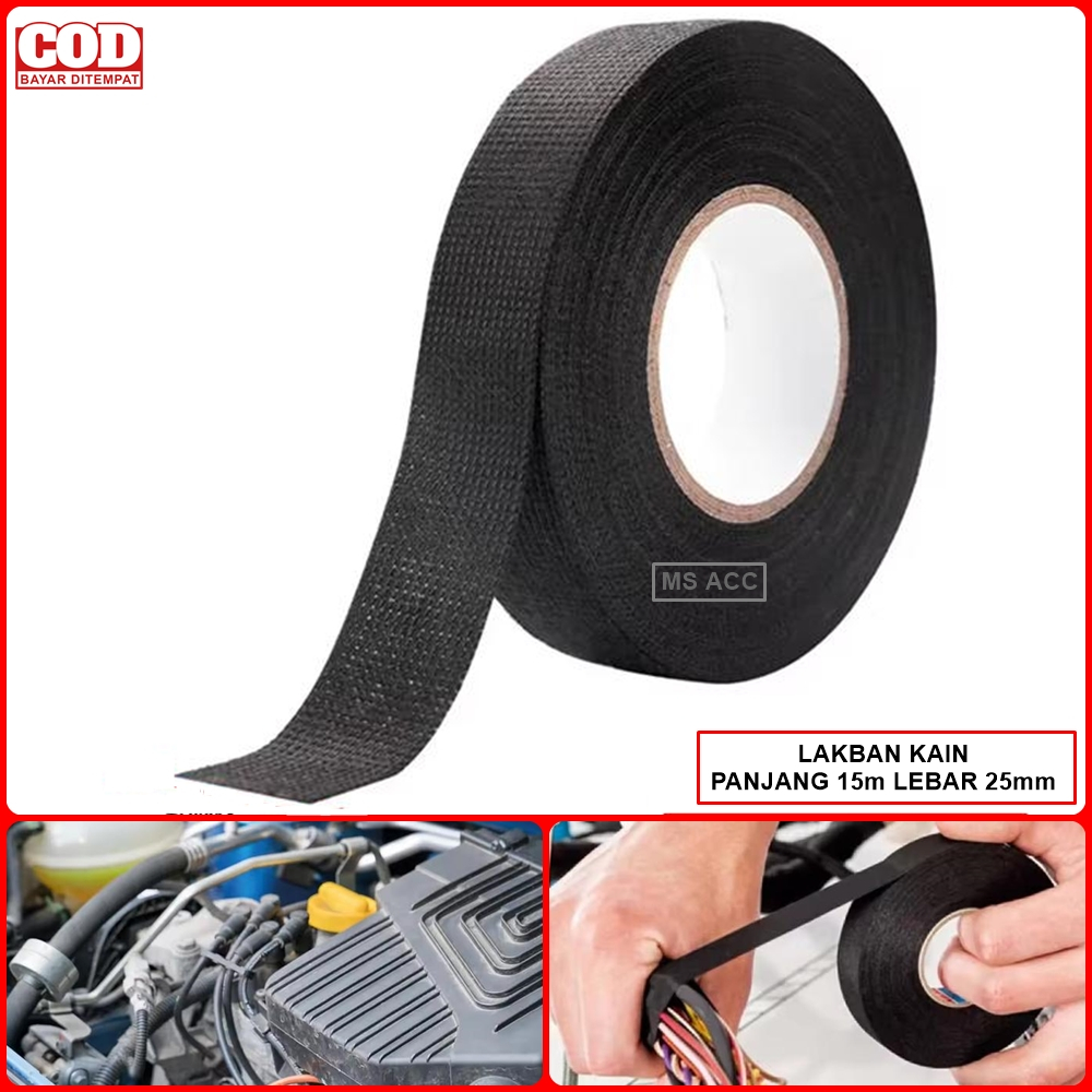 Lakban Kain Super Kuat Hitam Panjang 15m Lebar 25mm Pembungkus Kabel Mobil Motor Solatip Solasi MS