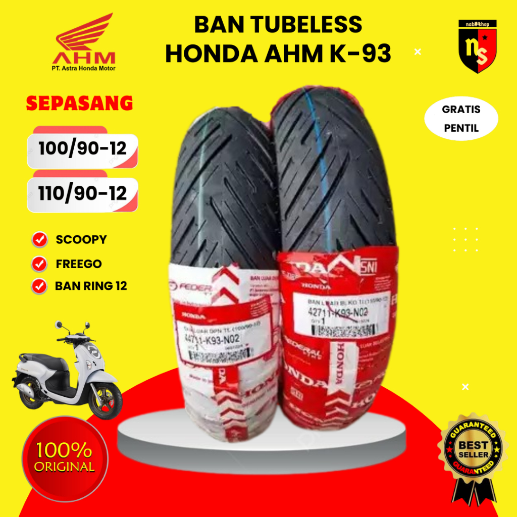 SEPASANG BAN AHM K93 TUBELESS RING 12 / BAN AHM TUBLES K93 RING 12 ( 100/90-12 & 110/90-12 ) BAN TUB