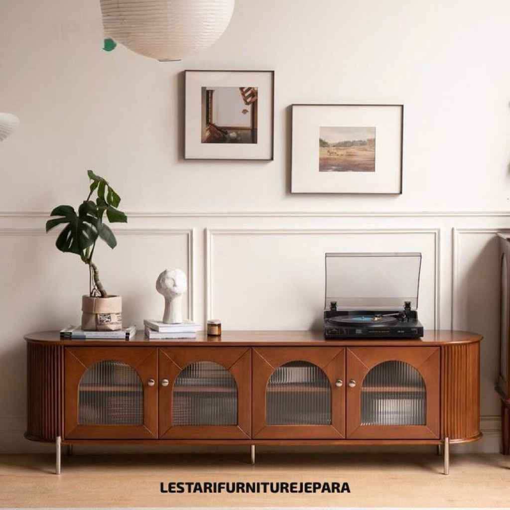 Bufet TV Kayu Jati Minimalis Modern Pintu Kaca - Cabinet TV Retro Scandinavian