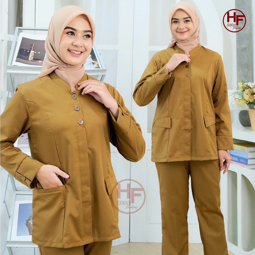 setelan baju PDH keki tua pemda PNS wanita model saku bawah