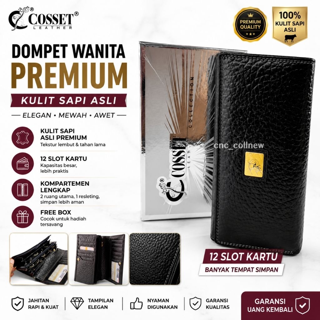 Dompet Wanita COSSET ORIGINAL Kulit Sapi Asli Genuine Leather 12 Slot Kartu 2 Sleting Dompet Panjang