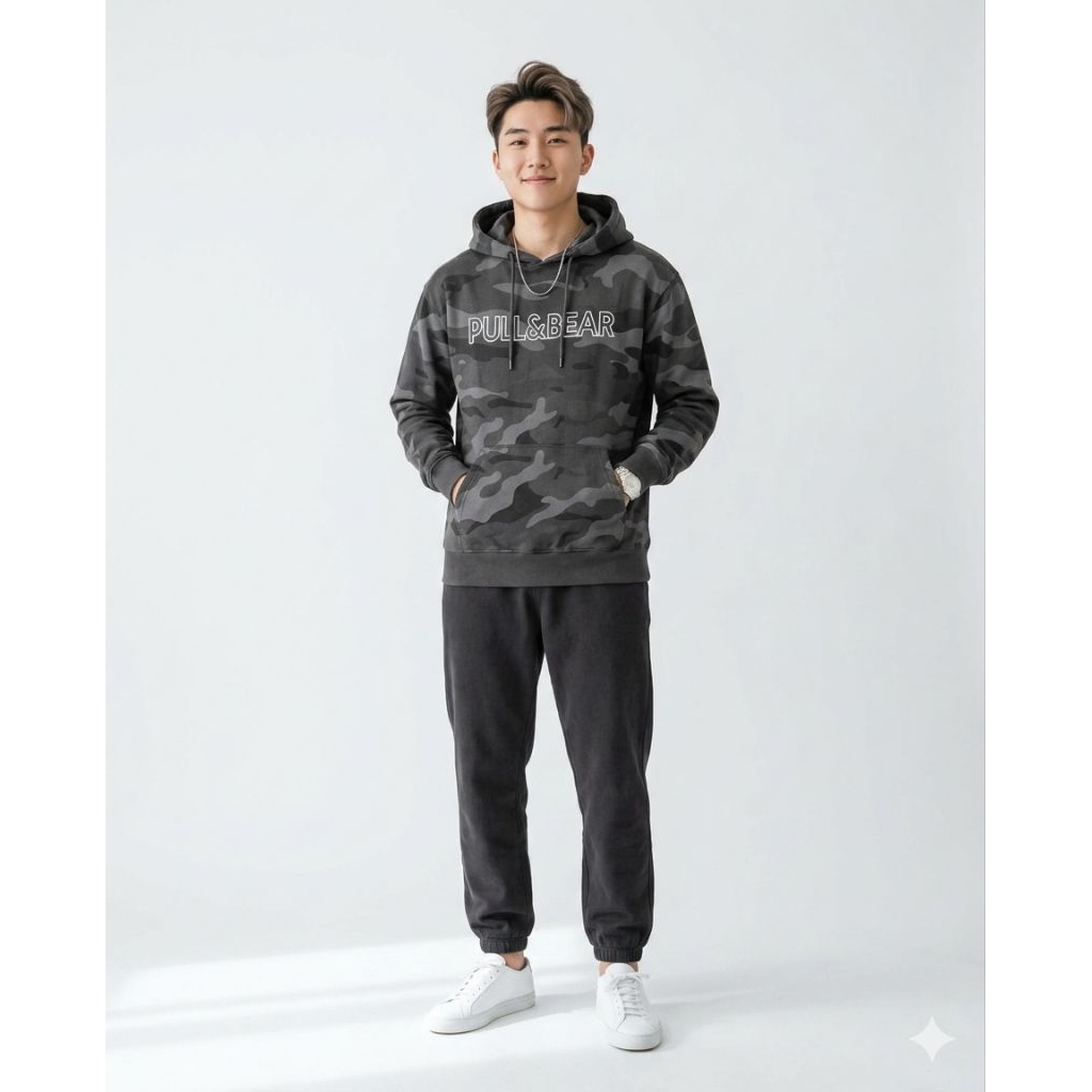 Pull & Bear Hoodie Camo Dark Grey Jaket Pria Sweater Hoodie Branded Premium