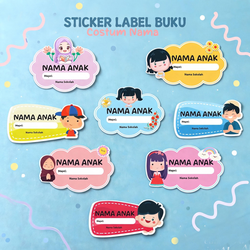 Stiker Label Buku Anak Custom Nama dan Sekolah Karakter Lucu
