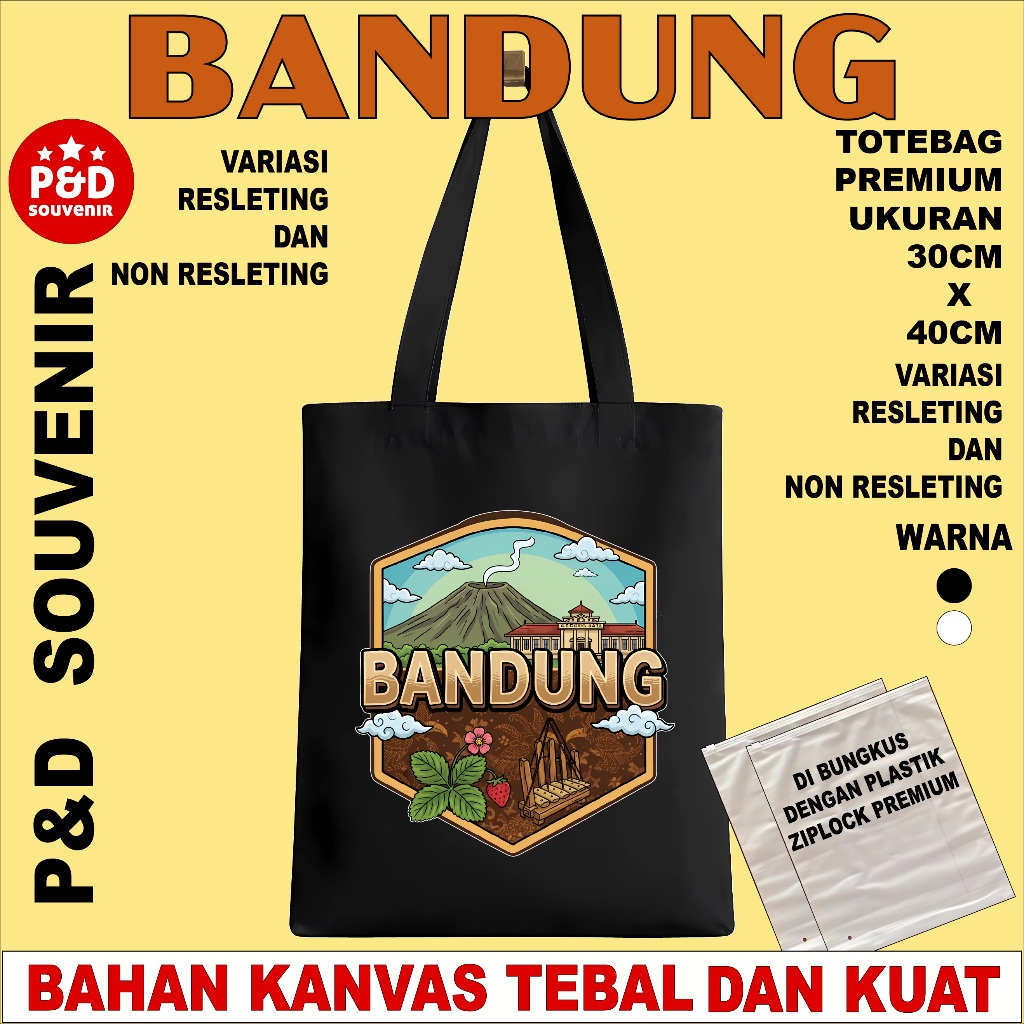 TAS TOTEBAG SOUVENIR OLEH OLEH BANDUNG (B) BAHAN KANVAS TEBAL DAN HALUS UKURAN 30X40CM