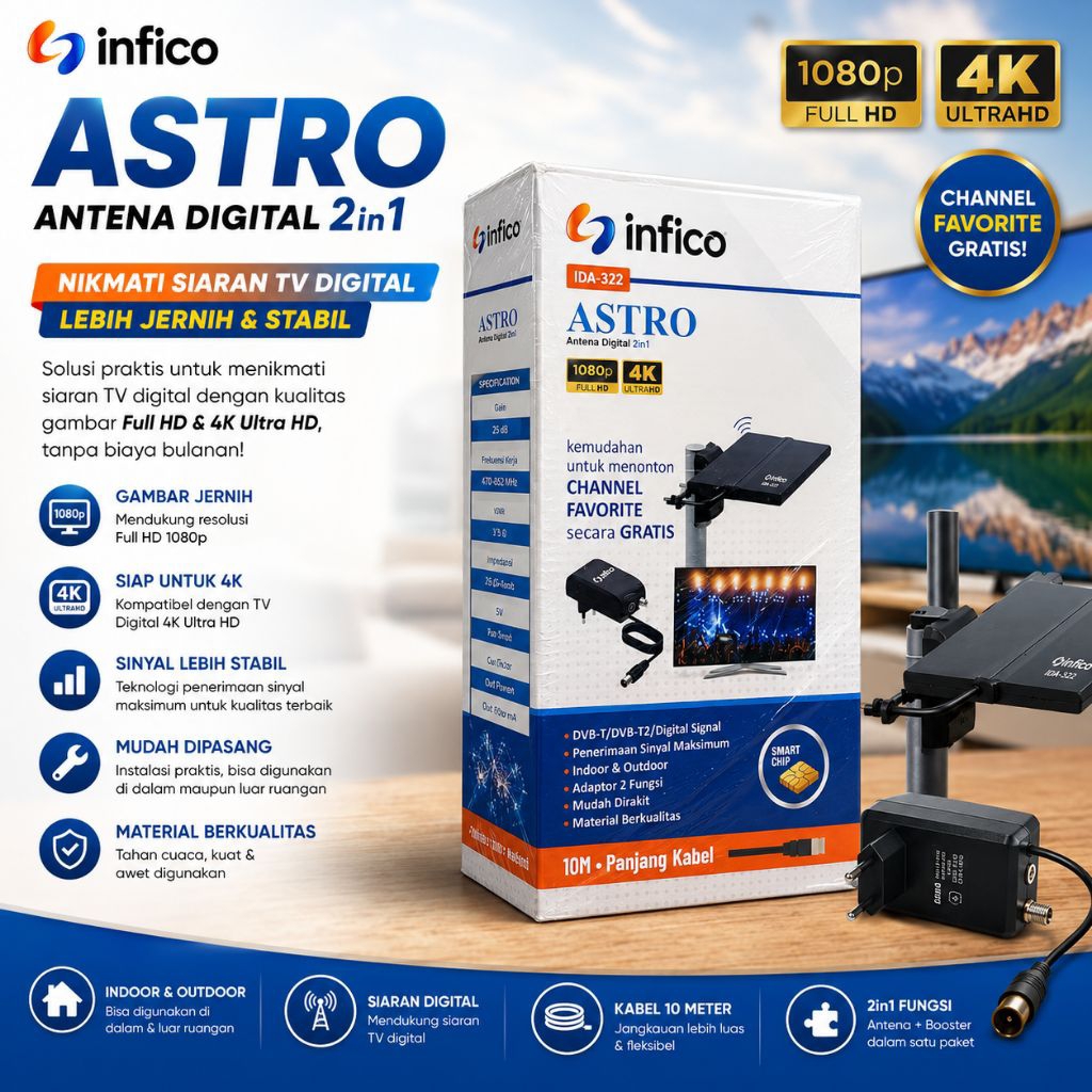 Antena TV DIGITAL INFICO ASTRO IDA-322 indoor & Outdoor FULL HD 1080p 4K ULTRA HD