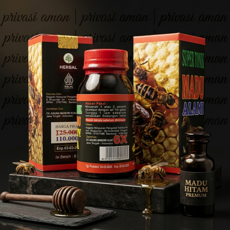 Super Tonic Madu Alami Herbal, Madu Hitam Premium, Halal, Botol Kaca, 6X