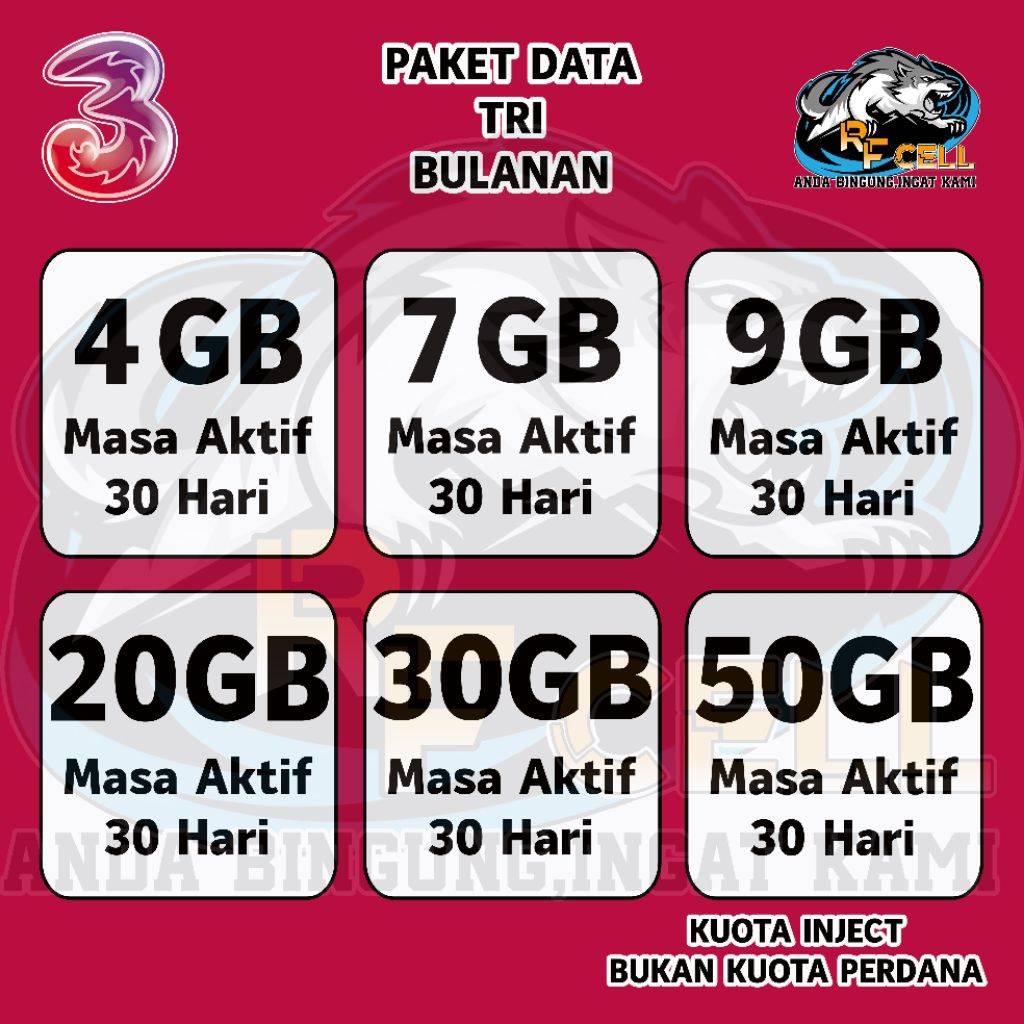 PAKET DATA INTERNET BULANAN TRI FULL KUOTA UTAMA,TANPA DIBAGI