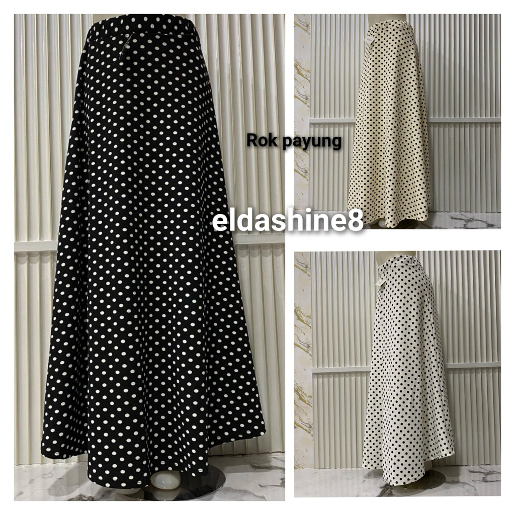 Rok payung panjang wanita motif polkadot bahan waffel full karet pinggang