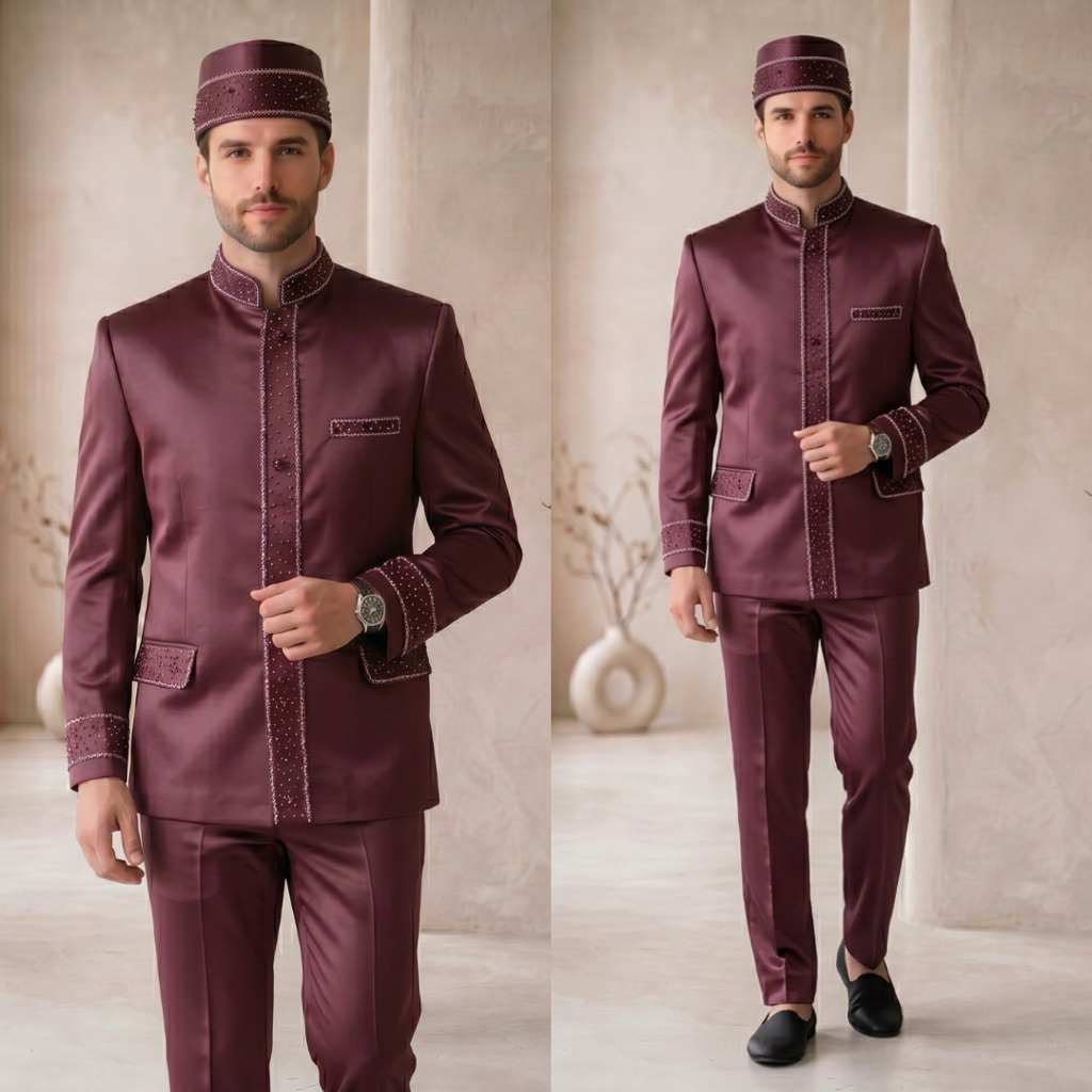 Beskap bapak pengantin burgundy lengkap 1 set | Basofi beskap bapak besan payet premium