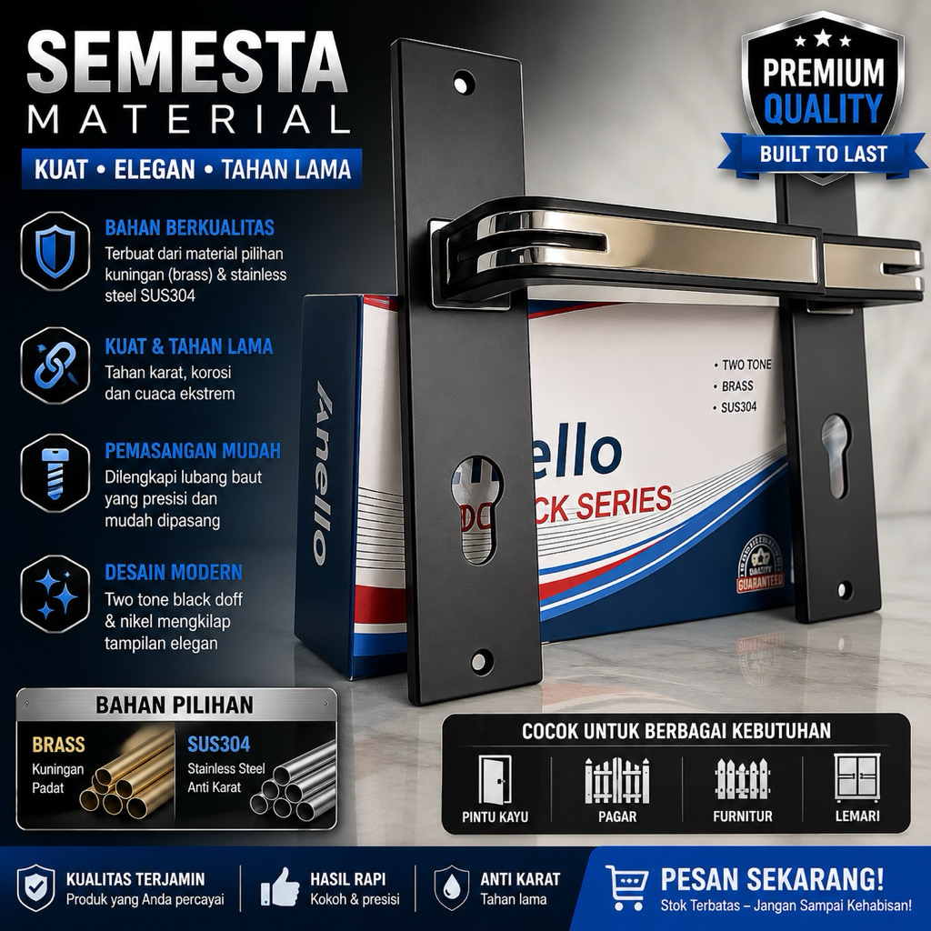 Kunci Pintu Besar Anello Hitam Minimalis | Kunci Handle Kamar Minimalis Hitam Mewah | Handle Pintu H