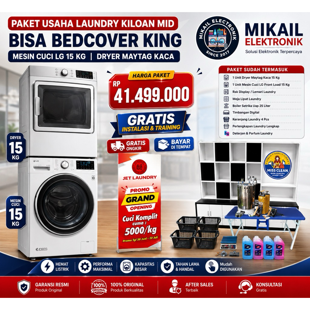 PAKET MESIN LAUNDRY KILOAN BISA BEDCOVER KING MESIN CUCI 15 KG DRYER MAYTAG KOMERSIL
