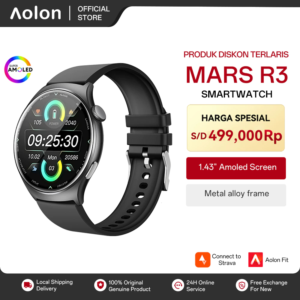 Aolon Mars R3 Smartwatch Amoled Strava Original Bulat | Running Pace | Alloy Body | 1.43-inch | Smar