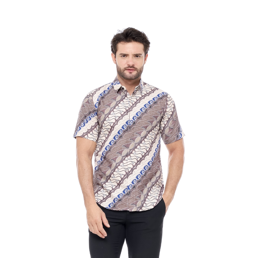 Pennay - Kemeja Batik Pria Parayu Ongbak Uril Modern Slimfit Lengan Pendek Biru